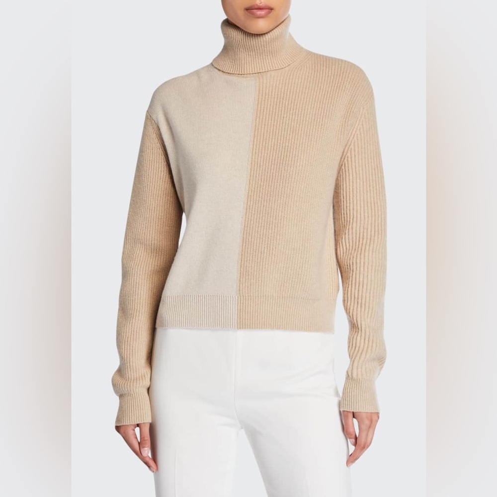 Theory Pale Camel Multi Cashmere Block Turtleneck Sweater Sz S